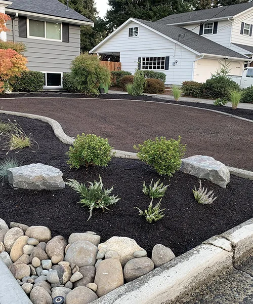 Irrigation systems, concrete curbs, plant design, and landscape rocks with grass seed in Fircrest 